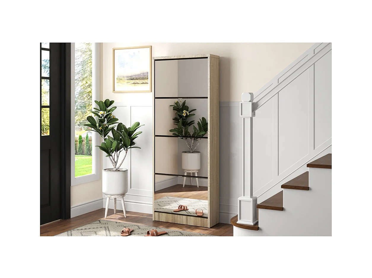 Mueble para zapatos MEXICO – 4 cajones con espejos – Color roble sonoma – Almacenamiento vertical contemporáneo