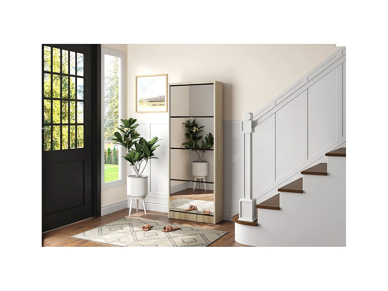 Mueble para zapatos MEXICO – 4 cajones con espejos – Color roble sonoma – Almacenamiento vertical contemporáneo