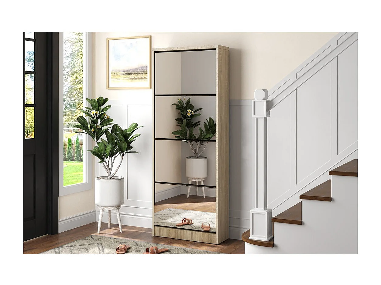 Meuble à chaussures MEXICO – 4 tiroirs avec miroirs – Coloris chêne sonoma – Rangement vertical contemporain