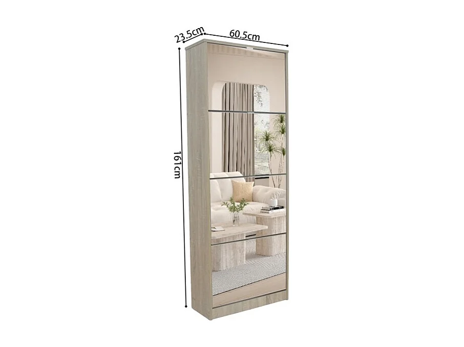 Meuble à chaussures MEXICO – 4 tiroirs avec miroirs – Coloris chêne sonoma – Rangement vertical contemporain