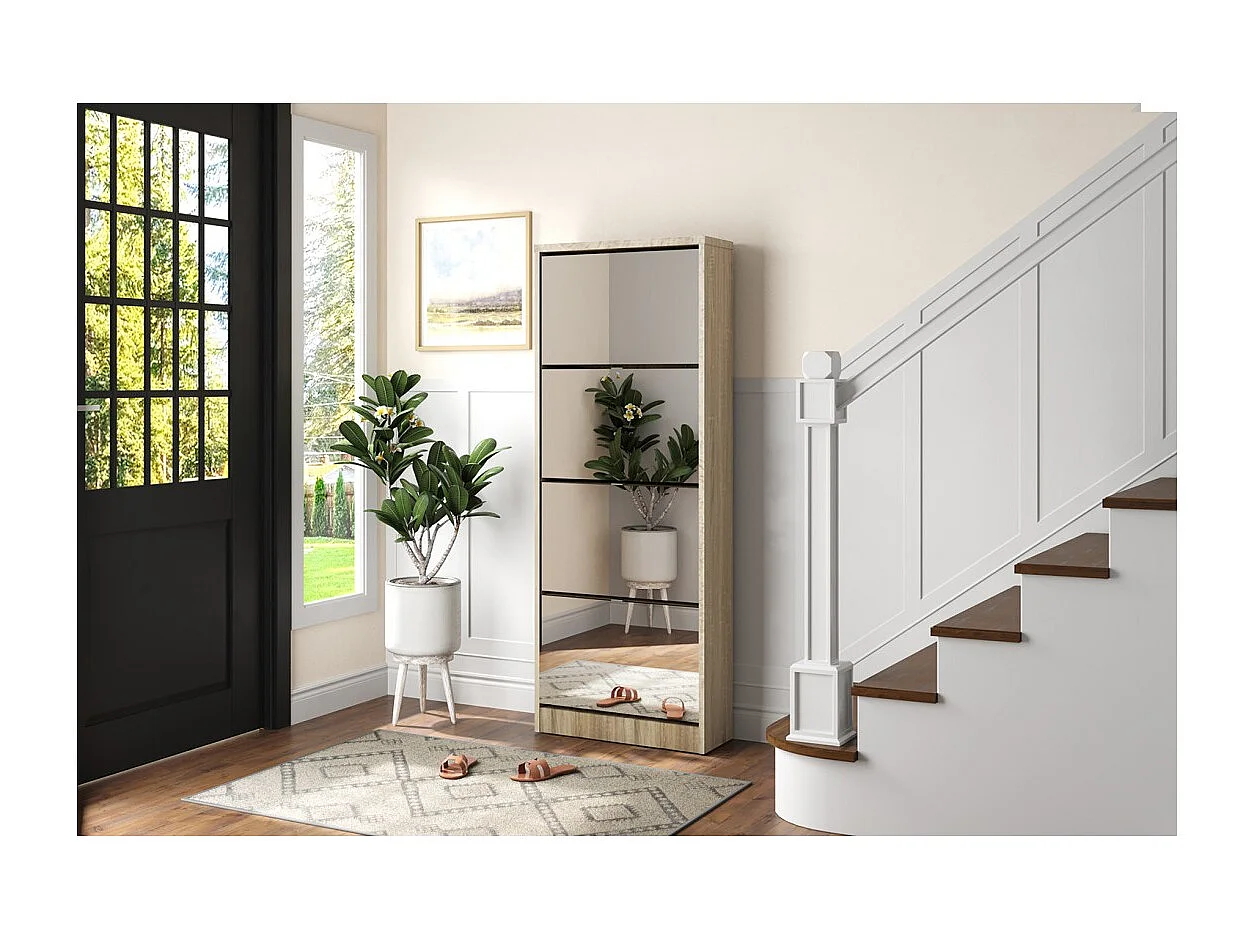 Mueble para zapatos MEXICO – 4 cajones con espejos – Color roble sonoma – Almacenamiento vertical contemporáneo