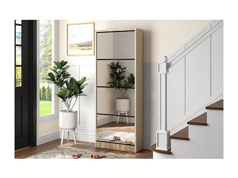 Mueble para zapatos MEXICO – 4 cajones con espejos – Color roble sonoma – Almacenamiento vertical contemporáneo