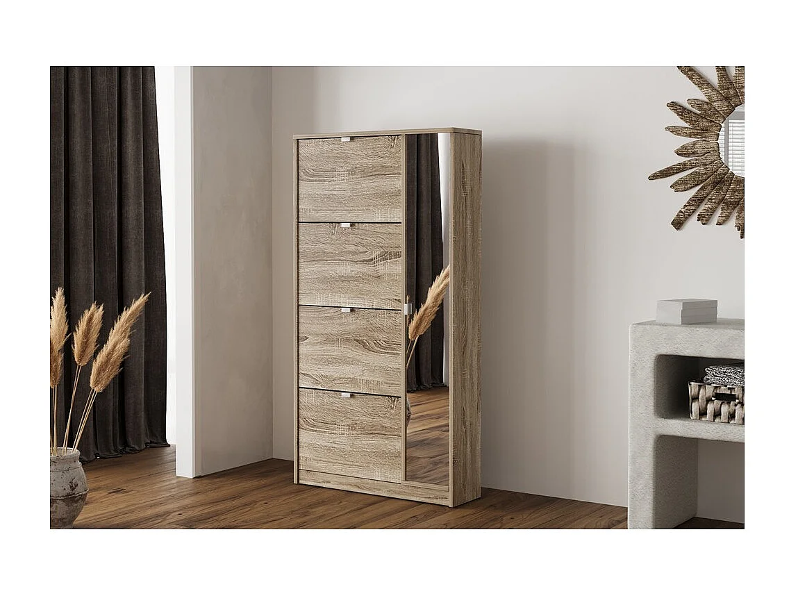 Móvel para Sapatos MEXICO – 4 gavetas e 1 porta com espelho – Cor carvalho sonoma – Design prático e contemporâneo