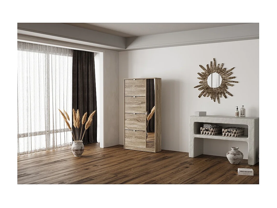 Móvel para Sapatos MEXICO – 4 gavetas e 1 porta com espelho – Cor carvalho sonoma – Design prático e contemporâneo