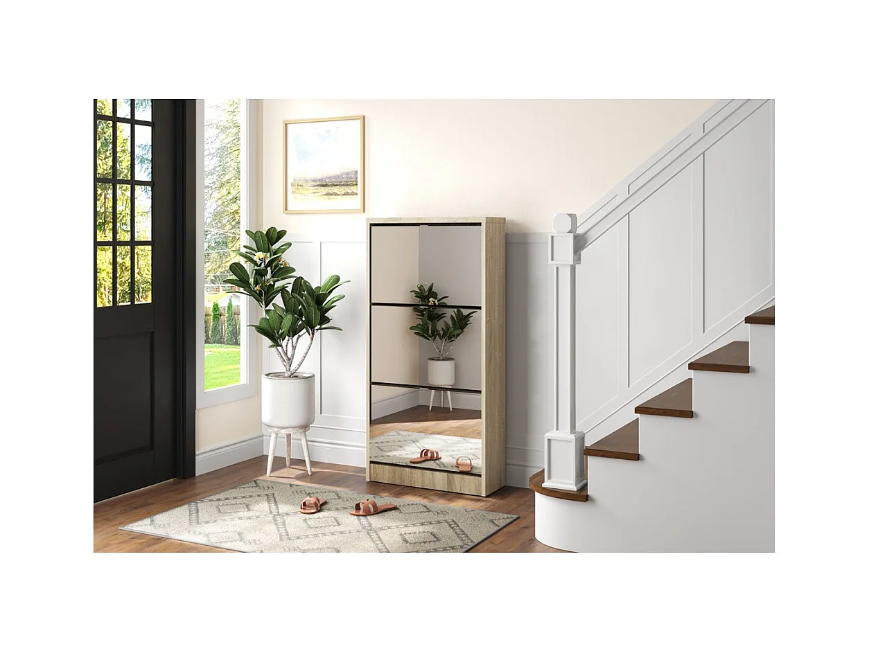 Mueble para zapatos MEXICO – 3 cajones con espejos – Color roble sonoma – Diseño contemporáneo y funcional