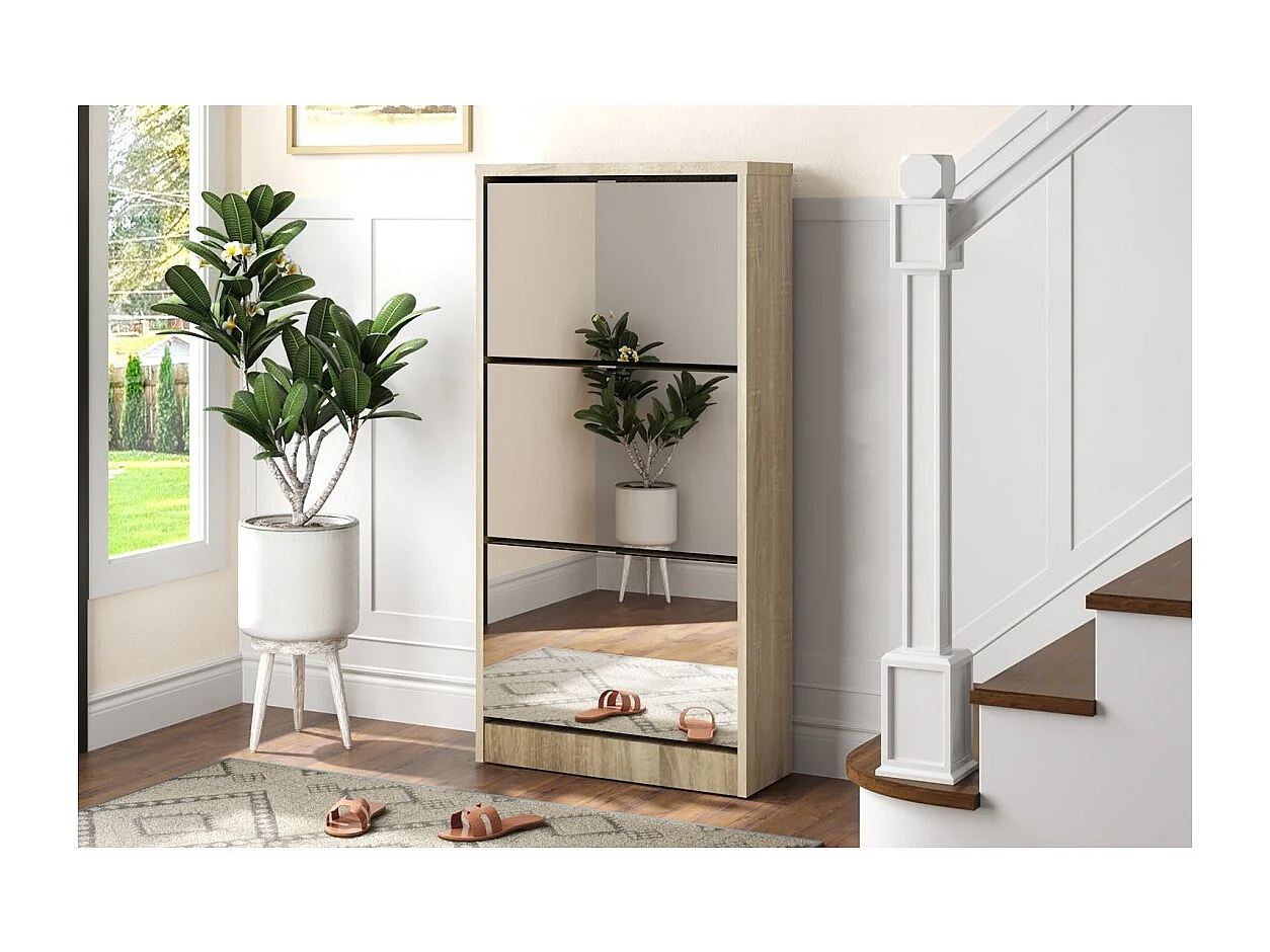 Mueble para zapatos MEXICO – 3 cajones con espejos – Color roble sonoma – Diseño contemporáneo y funcional