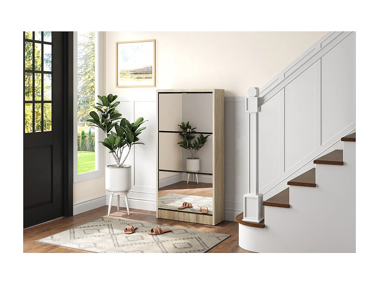 Mueble para zapatos MEXICO – 3 cajones con espejos – Color roble sonoma – Diseño contemporáneo y funcional