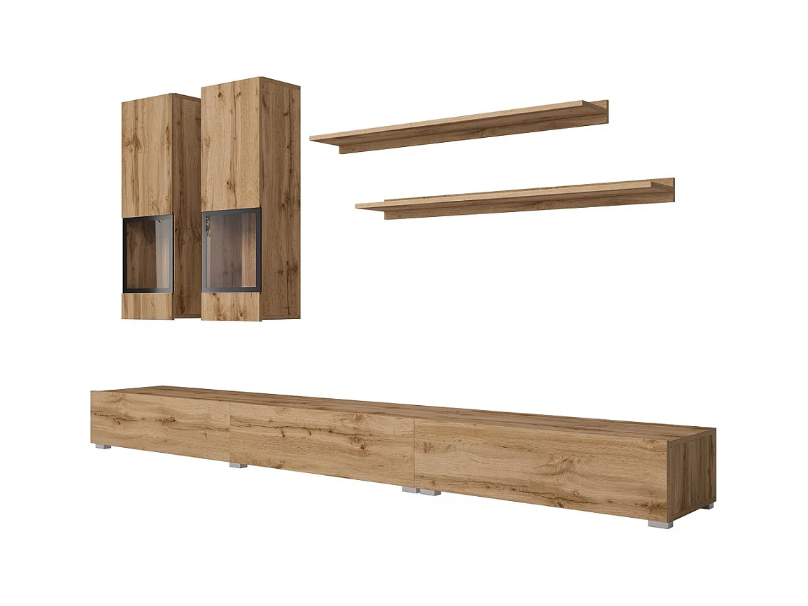 Conjunto de muebles para sala RAMOS – Roble dorado y negro – Diseño contemporáneo sin LED