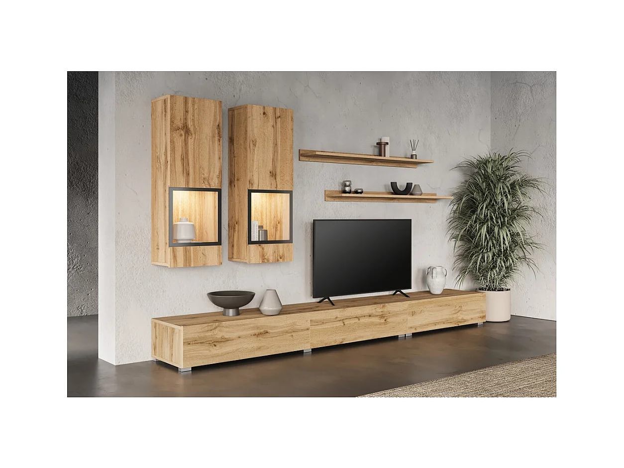 Conjunto de muebles para sala RAMOS – Roble dorado y negro – Diseño contemporáneo sin LED