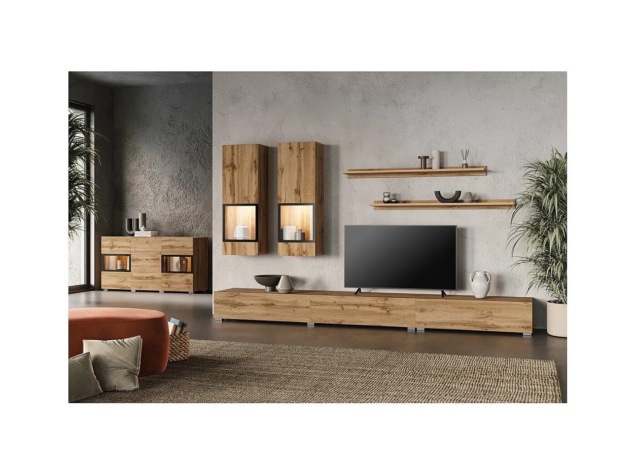Conjunto de muebles para sala RAMOS – Roble dorado y negro – Diseño contemporáneo sin LED