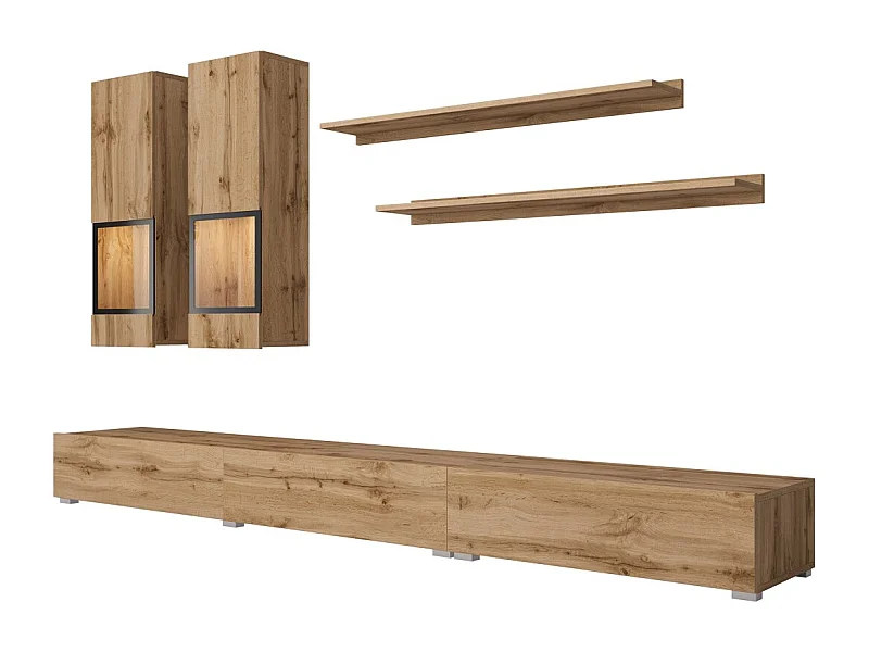 Conjunto de muebles de sala RAMOS – Roble dorado y negro – LED multicolor integrado – Estilo contemporáneo