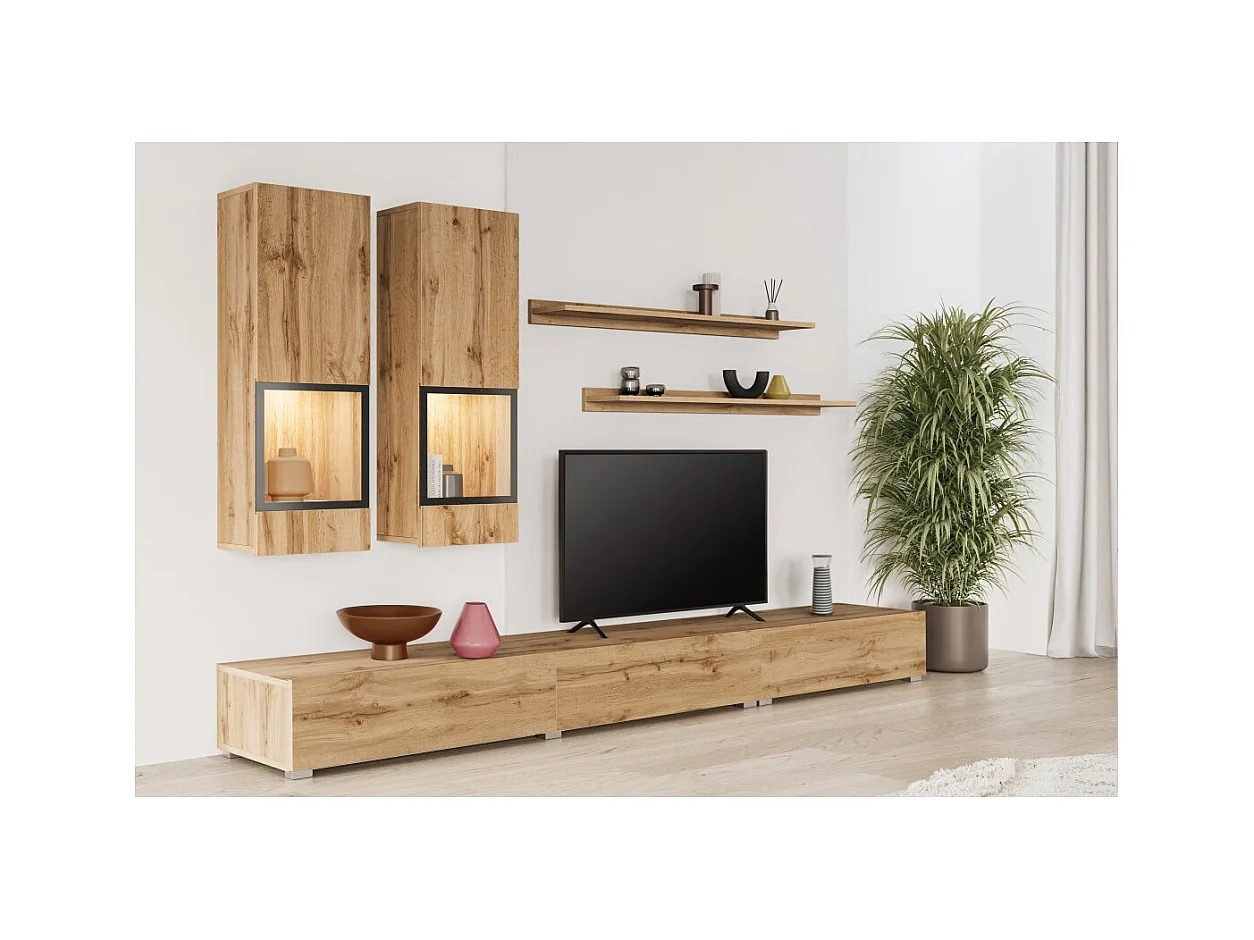Conjunto de muebles de sala RAMOS – Roble dorado y negro – LED multicolor integrado – Estilo contemporáneo