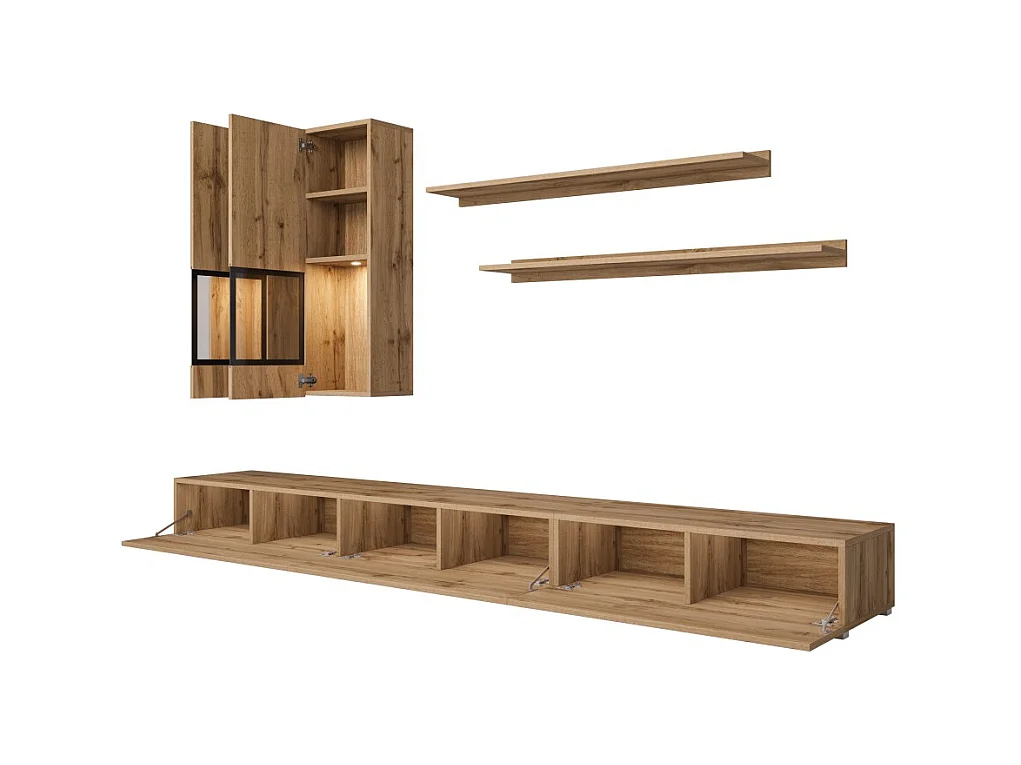 Conjunto de muebles de sala RAMOS – Roble dorado y negro – LED multicolor integrado – Estilo contemporáneo