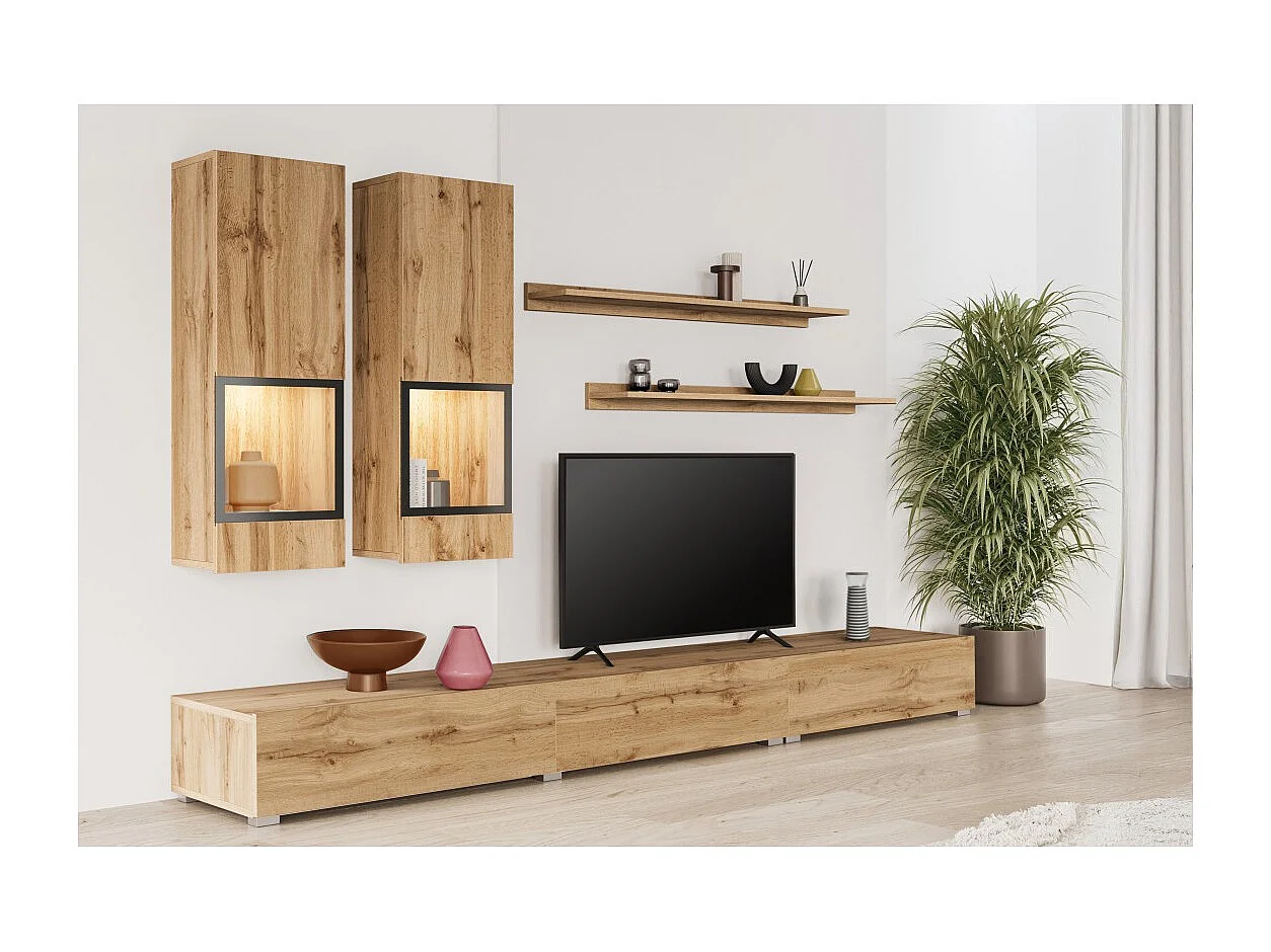 Set di mobili da soggiorno RAMOS – Rovere dorato e nero – LED multicolore integrato – Stile contemporaneo