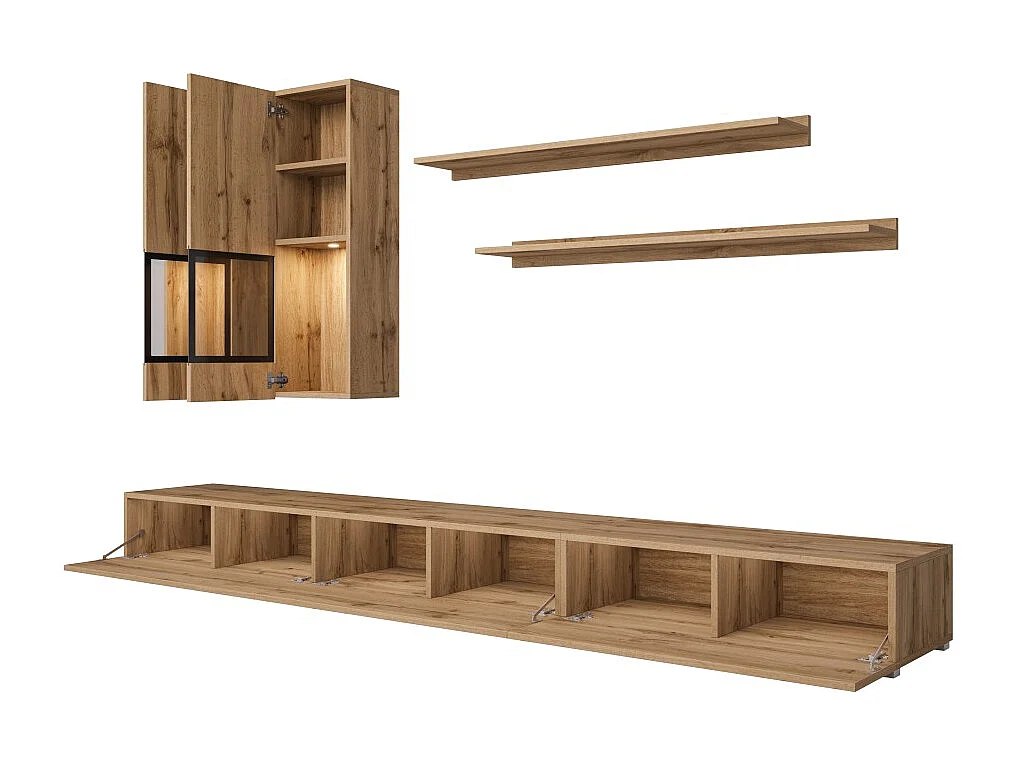 Set di mobili da soggiorno RAMOS – Rovere dorato e nero – LED multicolore integrato – Stile contemporaneo