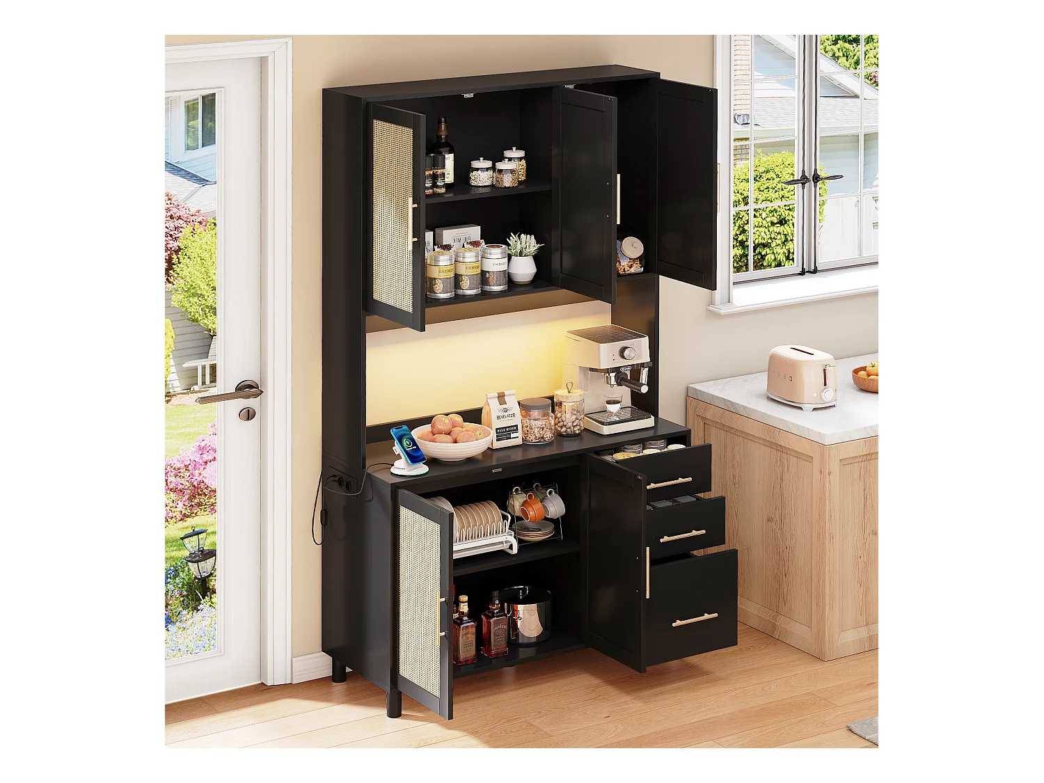 Buffet de cuisine 100x40x183cm avec 5 portes en rotin et 3 tiroirs, LED et port USB inclus, corps noir