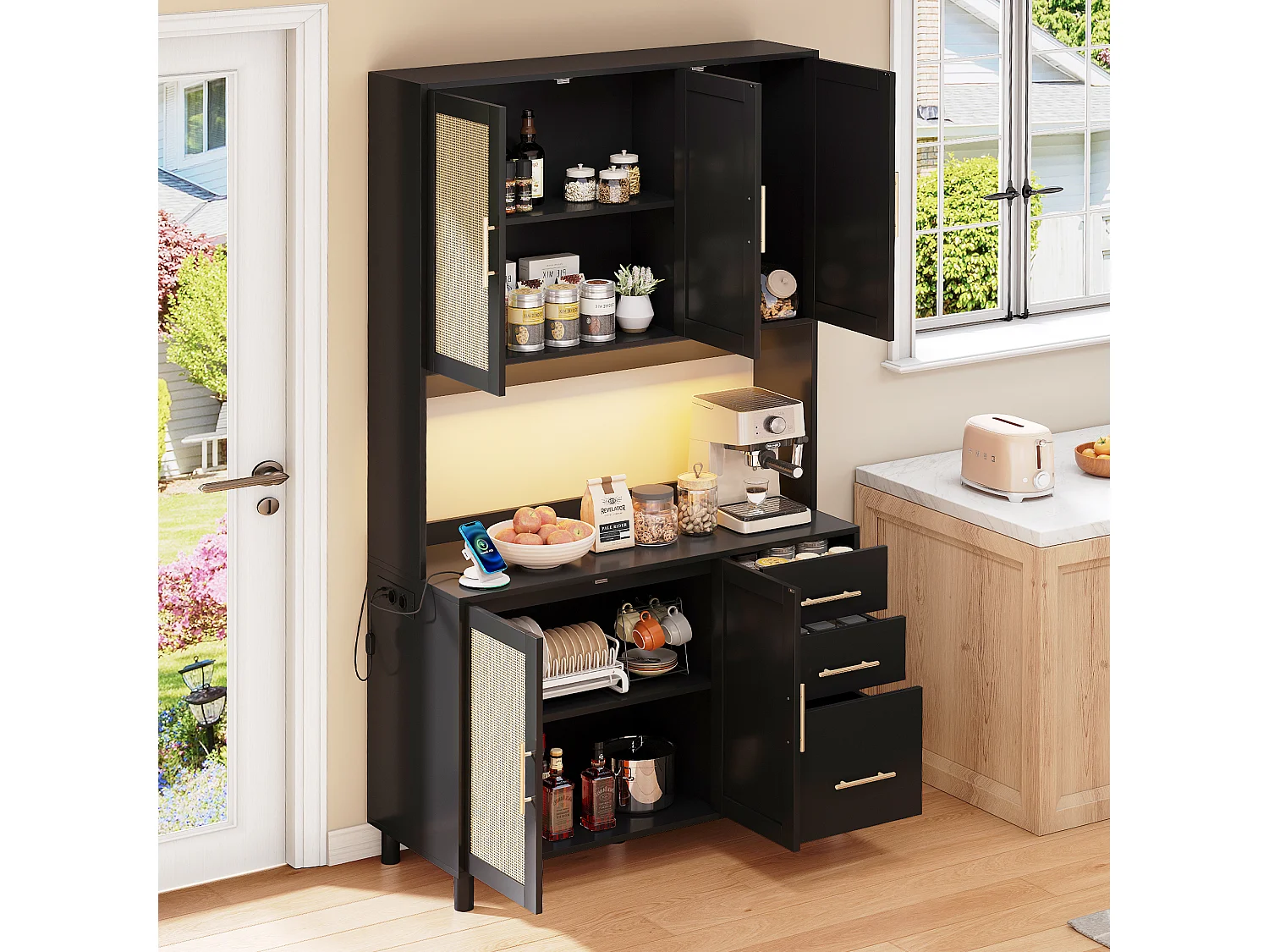 Aparador de cozinha 100x40x183cm com 5 portas de vime e 3 gavetas, LED e porta USB incluídos, corpo preto