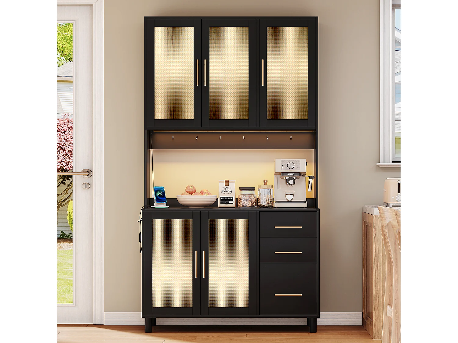 Aparador de cozinha 100x40x183cm com 5 portas de vime e 3 gavetas, LED e porta USB incluídos, corpo preto