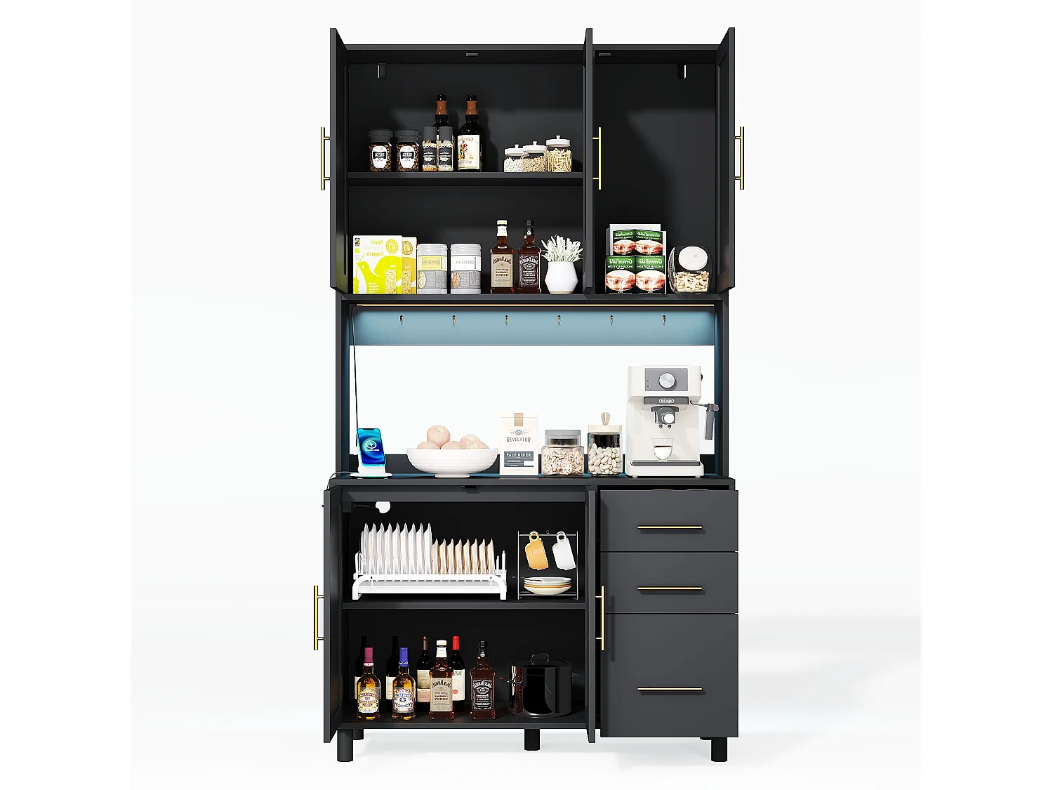 Aparador de cozinha 100x40x183cm com 5 portas de vime e 3 gavetas, LED e porta USB incluídos, corpo preto