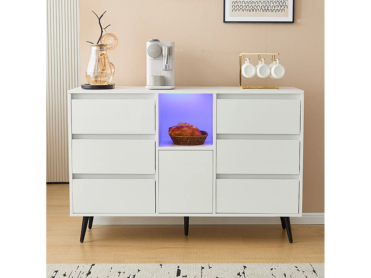 Credenza 120x40x80cm con 6 cassetti e 1 anta senza maniglie, 1 nicchia con LED, corpo laccato bianco