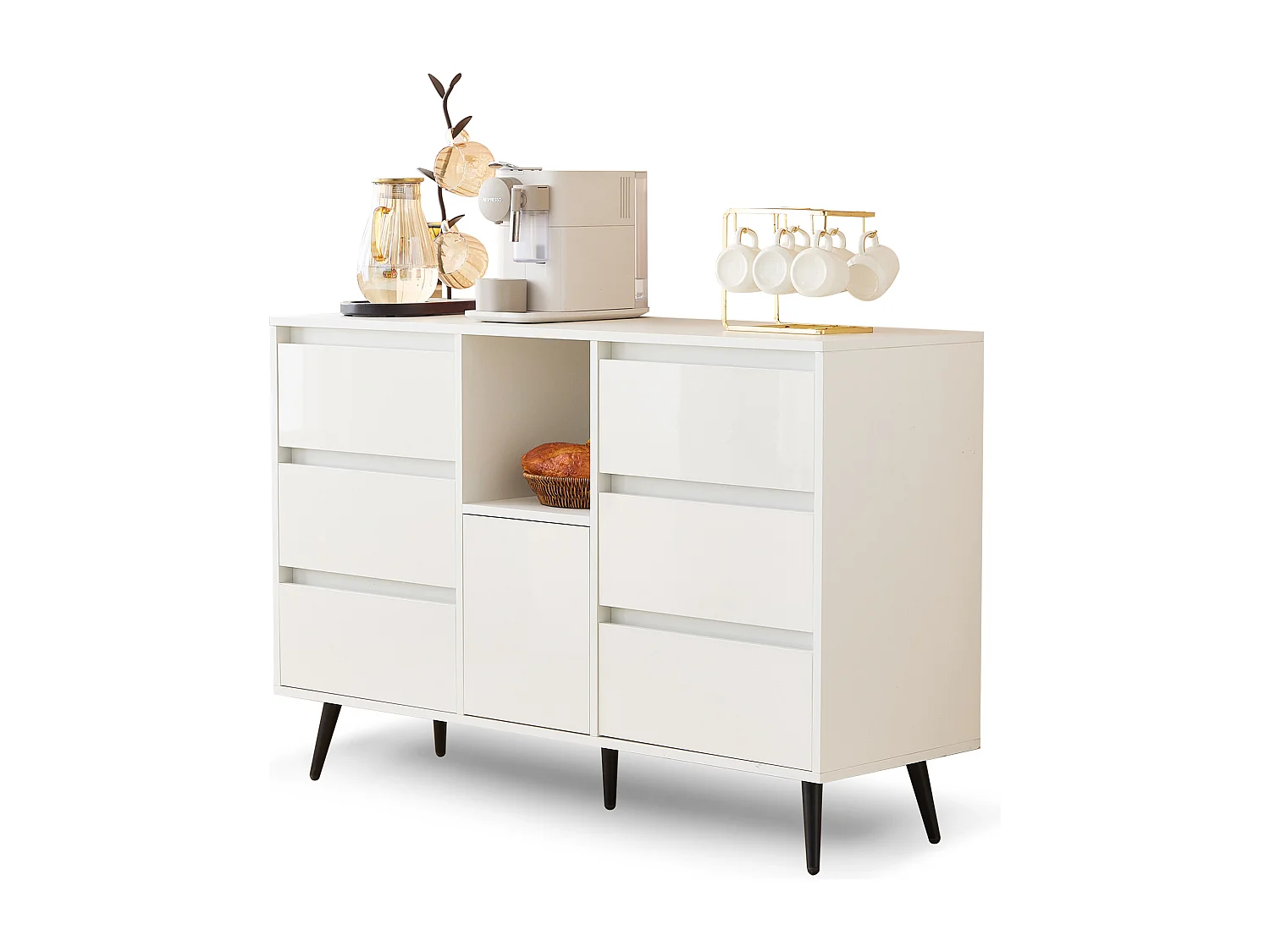 Credenza 120x40x80cm con 6 cassetti e 1 anta senza maniglie, 1 nicchia con LED, corpo laccato bianco