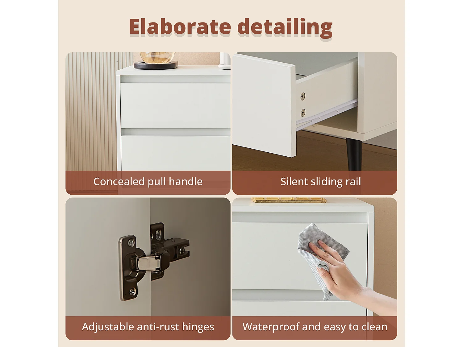 Credenza 120x40x80cm con 6 cassetti e 1 anta senza maniglie, 1 nicchia con LED, corpo laccato bianco