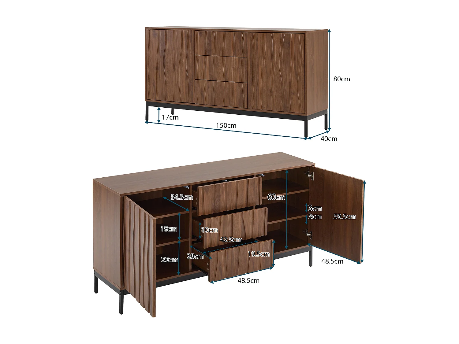 Buffet 150x40x80cm avec 3 tiroirs et 2 porte sans poignées, corps en woodgrain marron