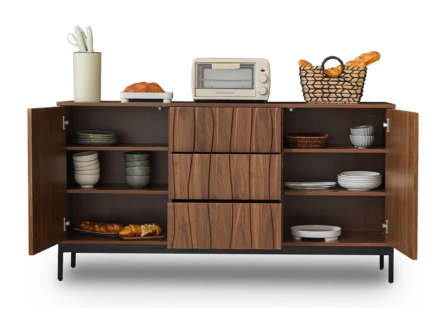 Buffet 150x40x80cm avec 3 tiroirs et 2 porte sans poignées, corps en woodgrain marron
