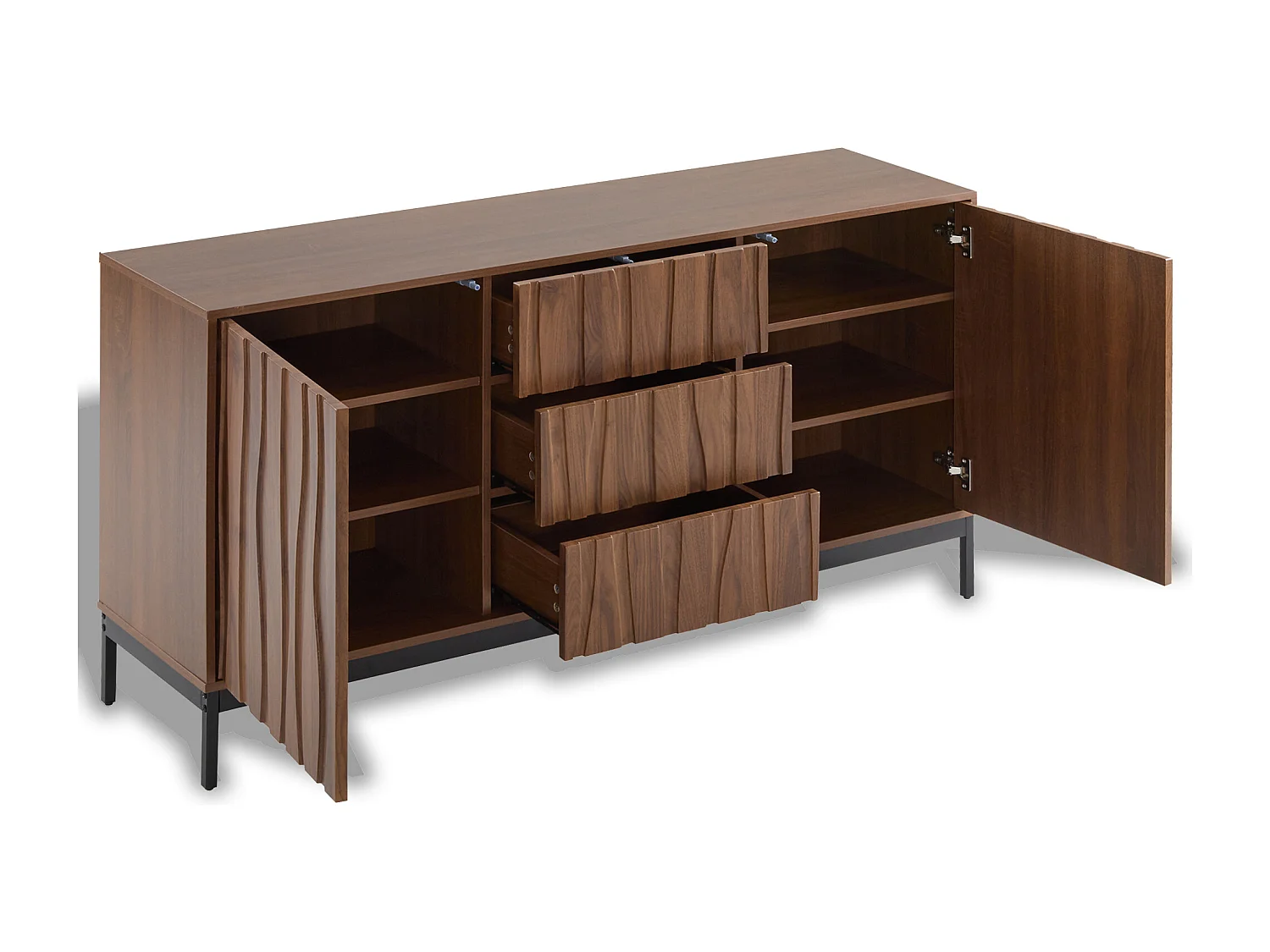 Buffet 150x40x80cm avec 3 tiroirs et 2 porte sans poignées, corps en woodgrain marron