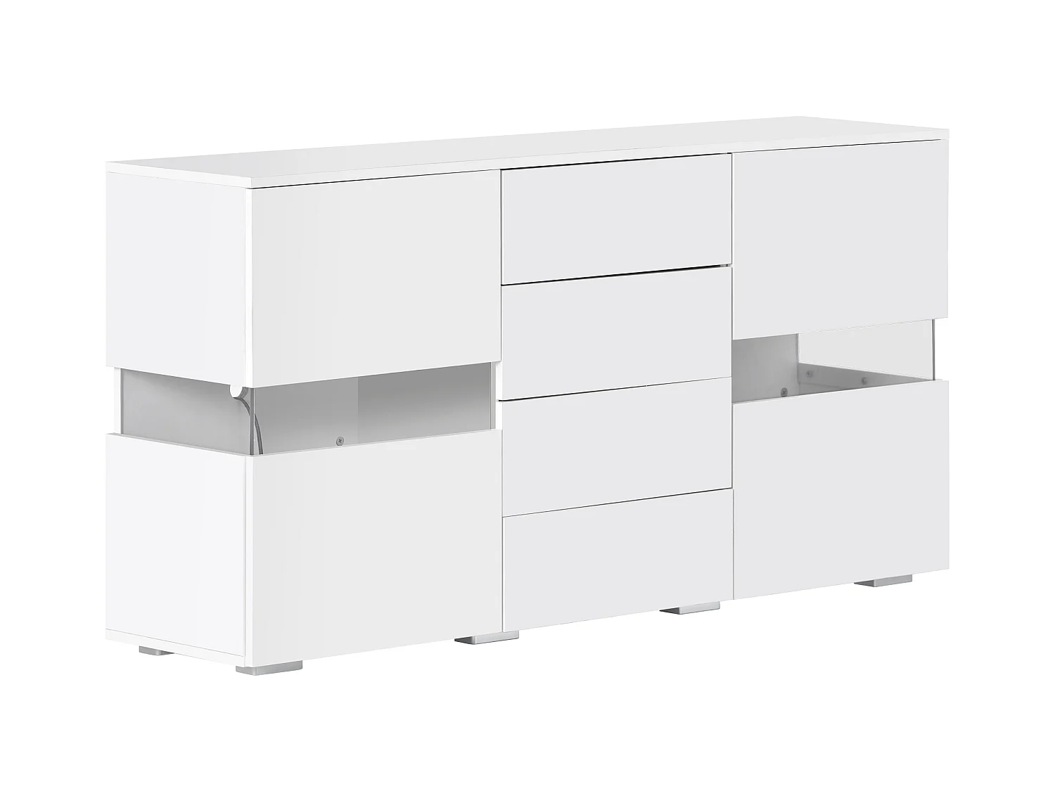 Buffet 140x35x72cm avec 4 tiroirs et 2 portes en Acrylique, LED inclus, corps en blanc laqué