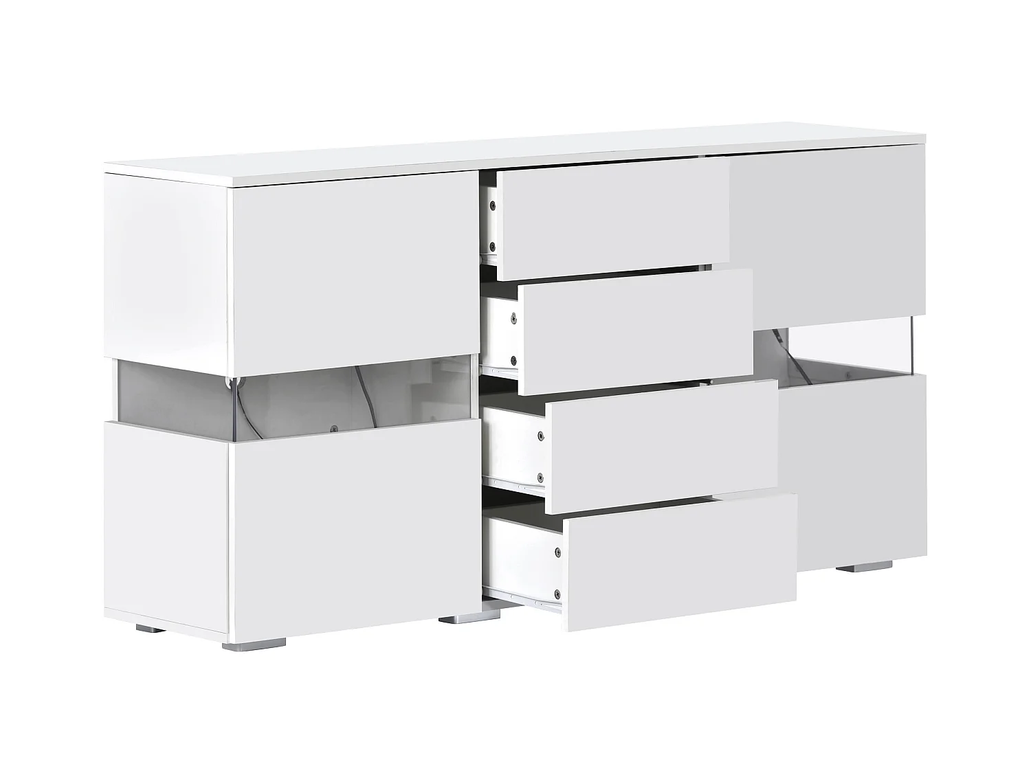 Buffet 140x35x72cm avec 4 tiroirs et 2 portes en Acrylique, LED inclus, corps en blanc laqué