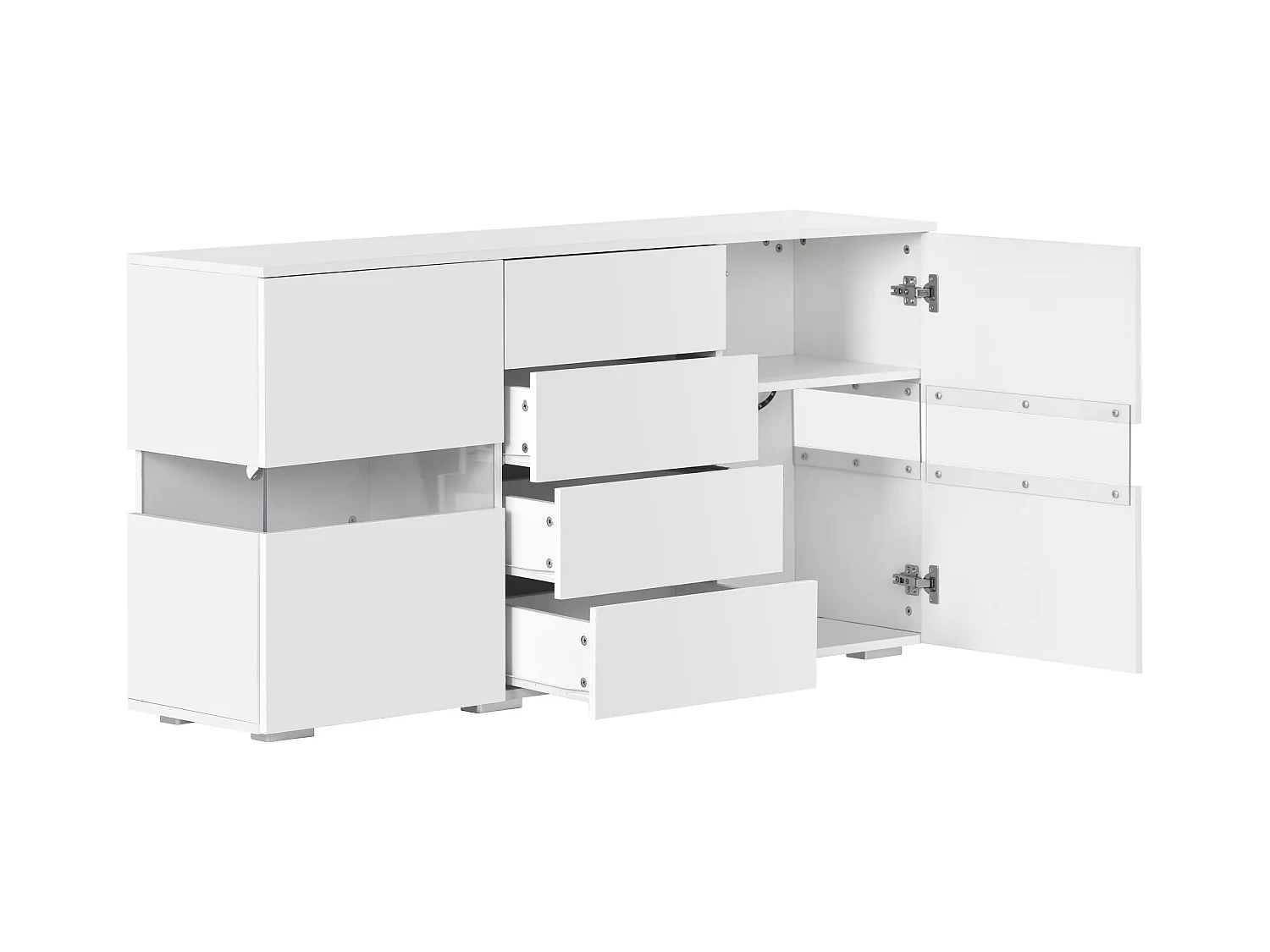 Buffet 140x35x72cm avec 4 tiroirs et 2 portes en Acrylique, LED inclus, corps en blanc laqué