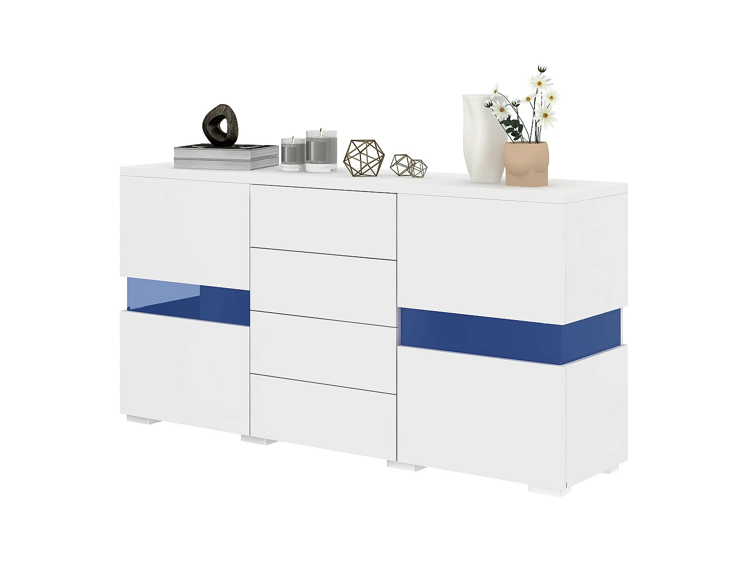 Buffet 140x35x72cm avec 4 tiroirs et 2 portes en Acrylique, LED inclus, corps en blanc laqué