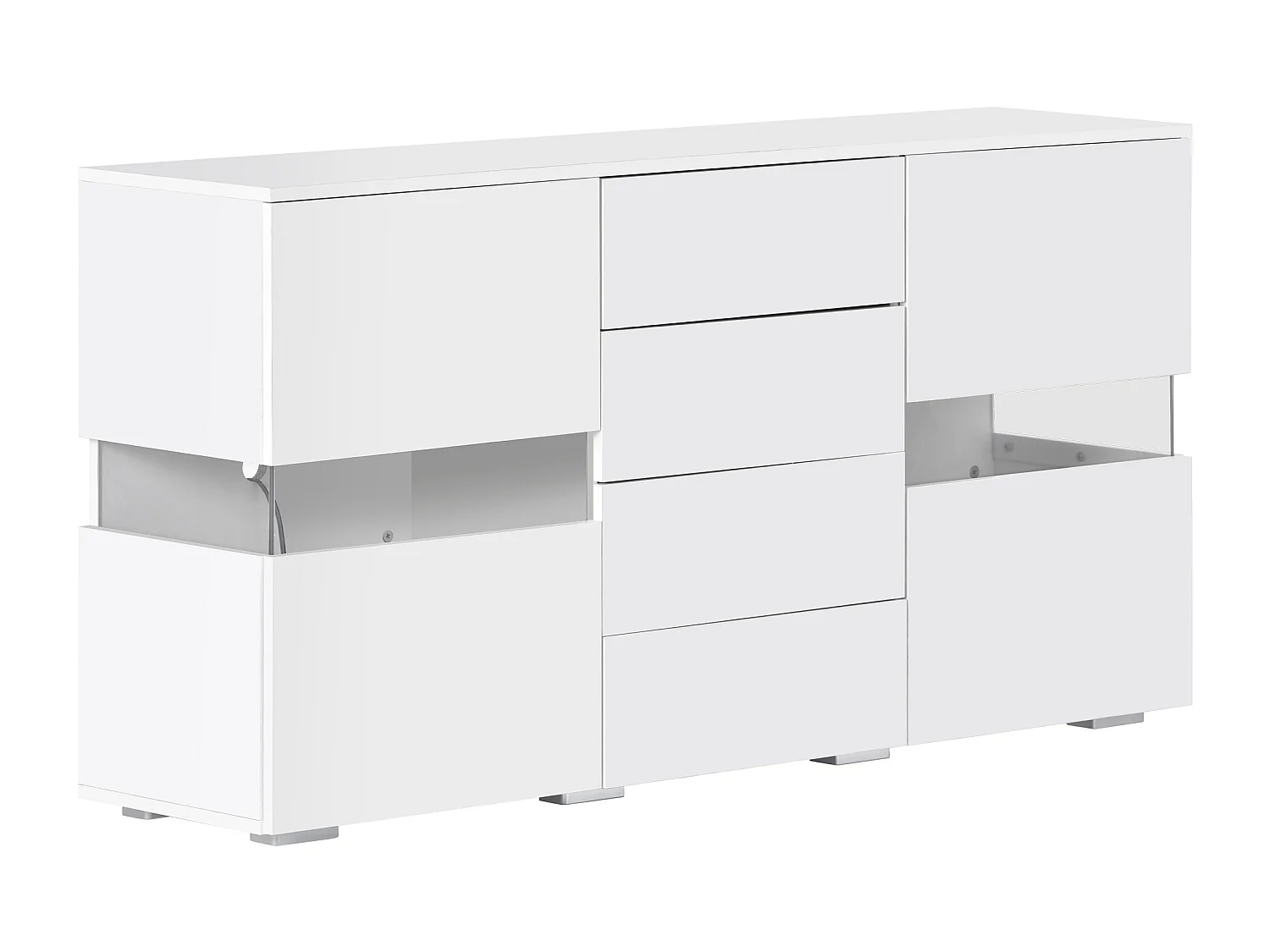 Buffet 140x35x72cm avec 4 tiroirs et 2 portes en Acrylique, LED inclus, corps en blanc laqué