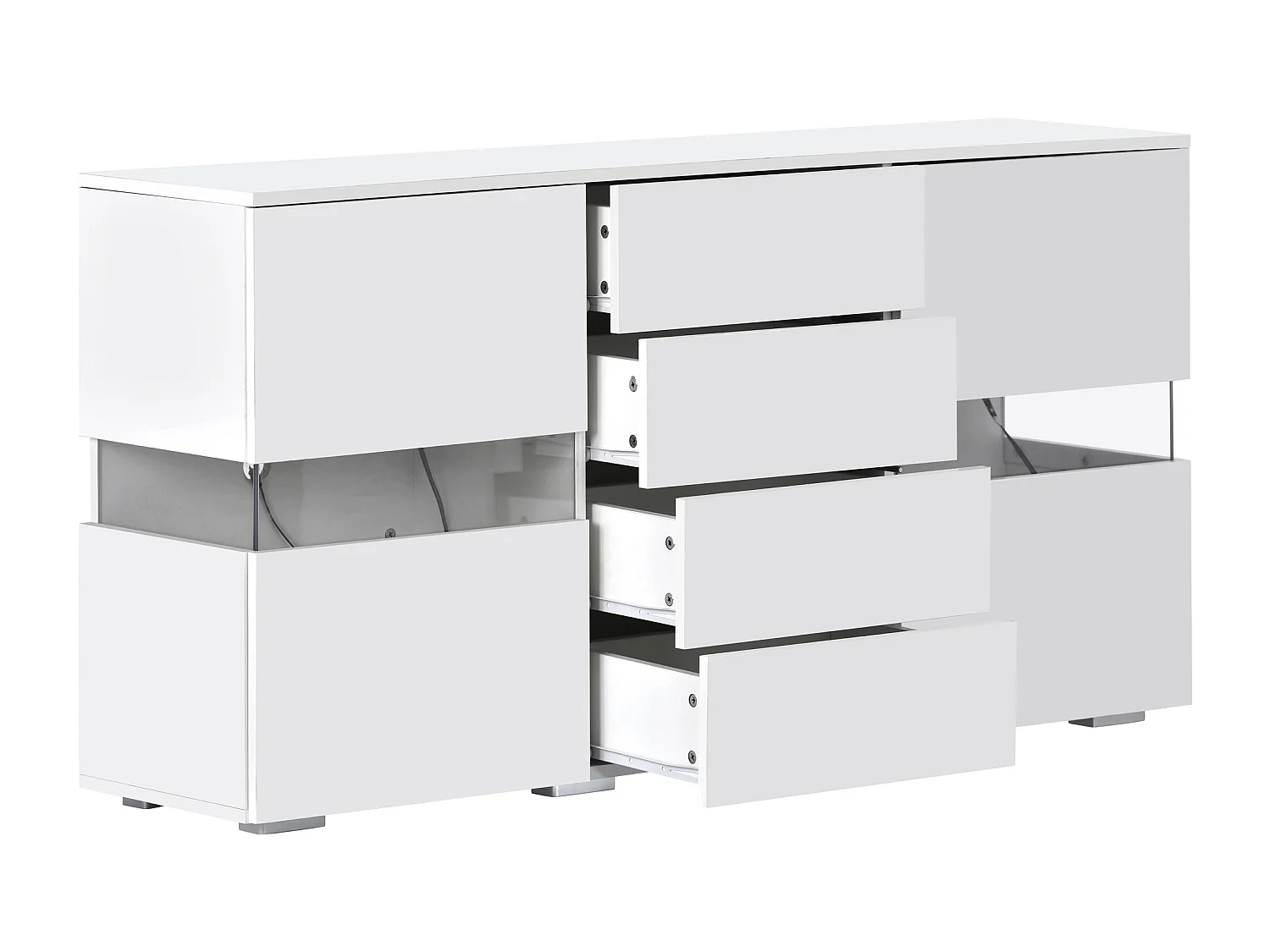 Buffet 140x35x72cm avec 4 tiroirs et 2 portes en Acrylique, LED inclus, corps en blanc laqué