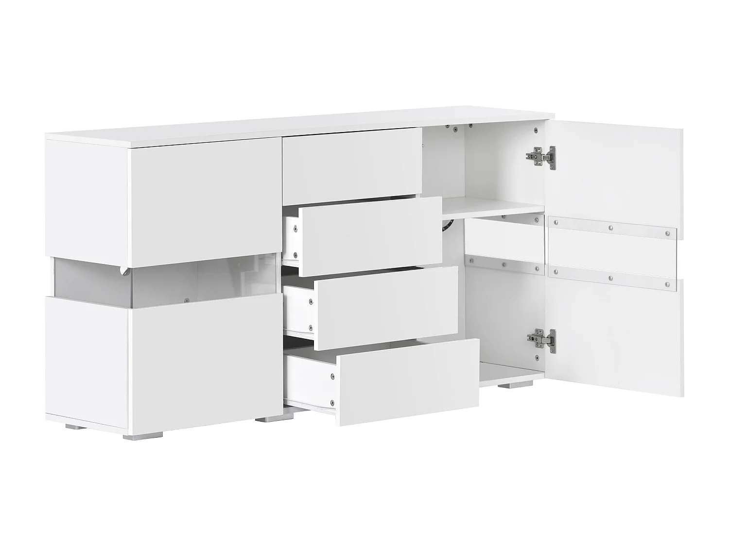 Buffet 140x35x72cm avec 4 tiroirs et 2 portes en Acrylique, LED inclus, corps en blanc laqué