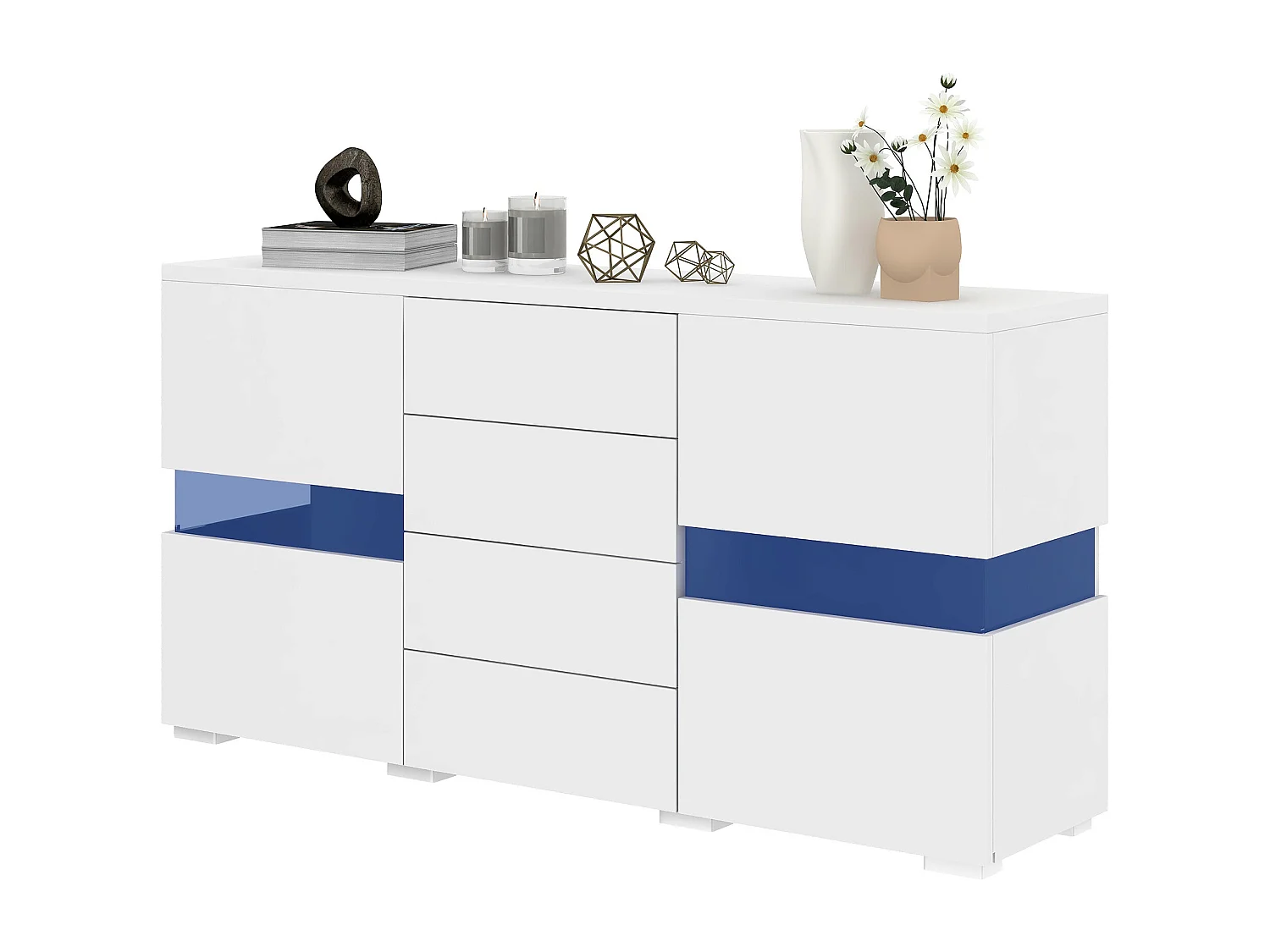 Buffet 140x35x72cm avec 4 tiroirs et 2 portes en Acrylique, LED inclus, corps en blanc laqué