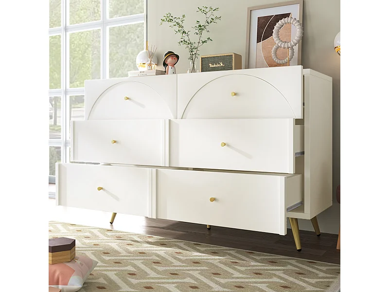 Buffet 120x40x85cm avec 6 tiroirs, pieds et poignées dorées, corps crème