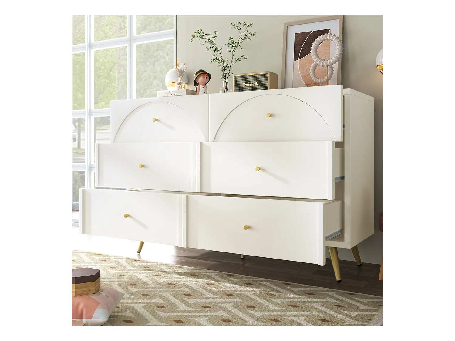 Buffet 120x40x85cm avec 6 tiroirs, pieds et poignées dorées, corps crème