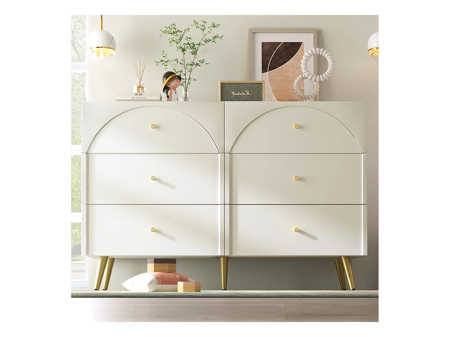 Buffet 120x40x85cm avec 6 tiroirs, pieds et poignées dorées, corps crème