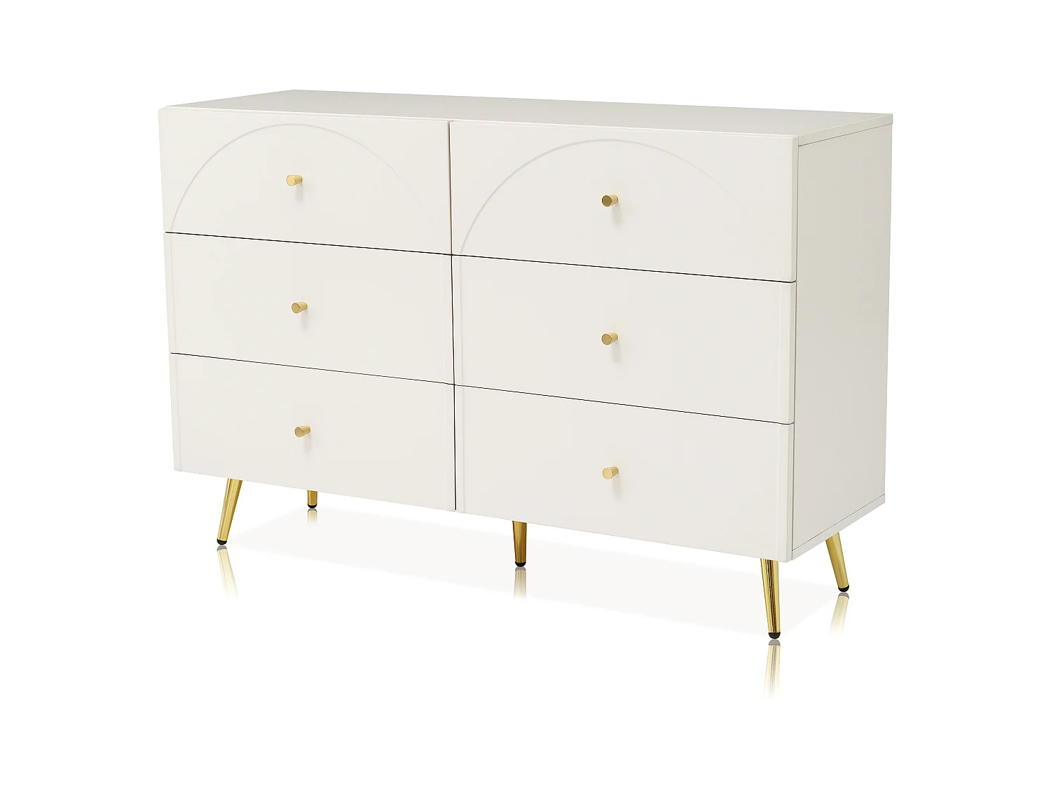 Buffet 120x40x85cm avec 6 tiroirs, pieds et poignées dorées, corps crème