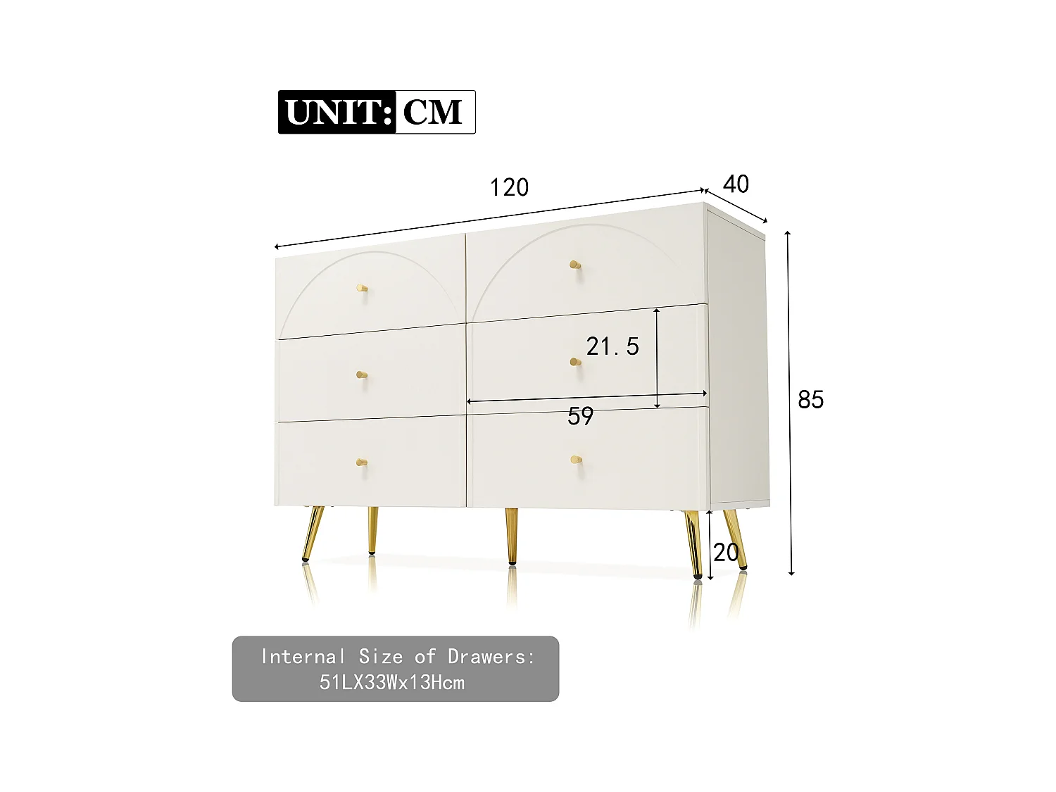 Buffet 120x40x85cm avec 6 tiroirs, pieds et poignées dorées, corps crème