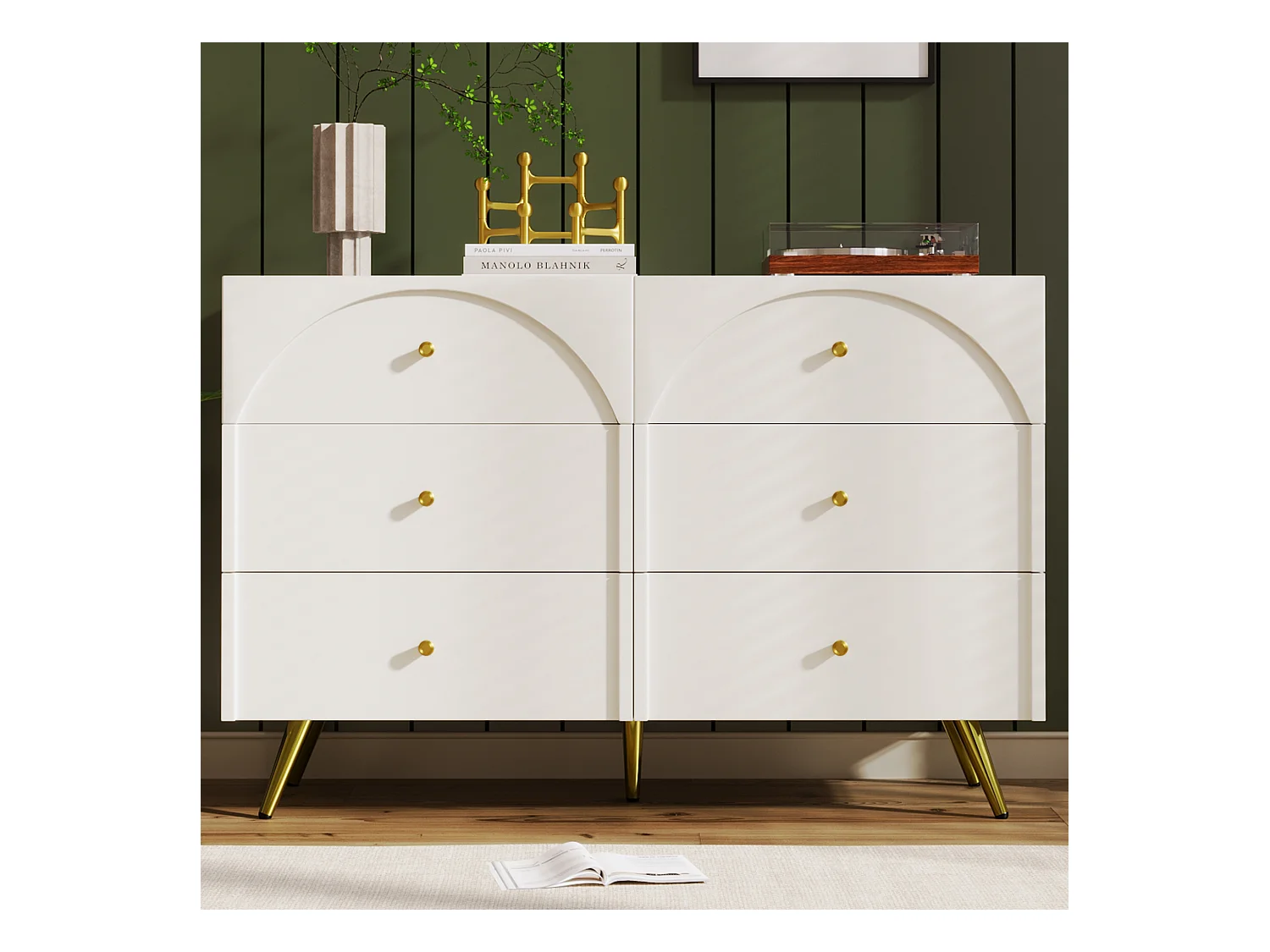 Buffet 120x40x85cm avec 6 tiroirs, pieds et poignées dorées, corps crème