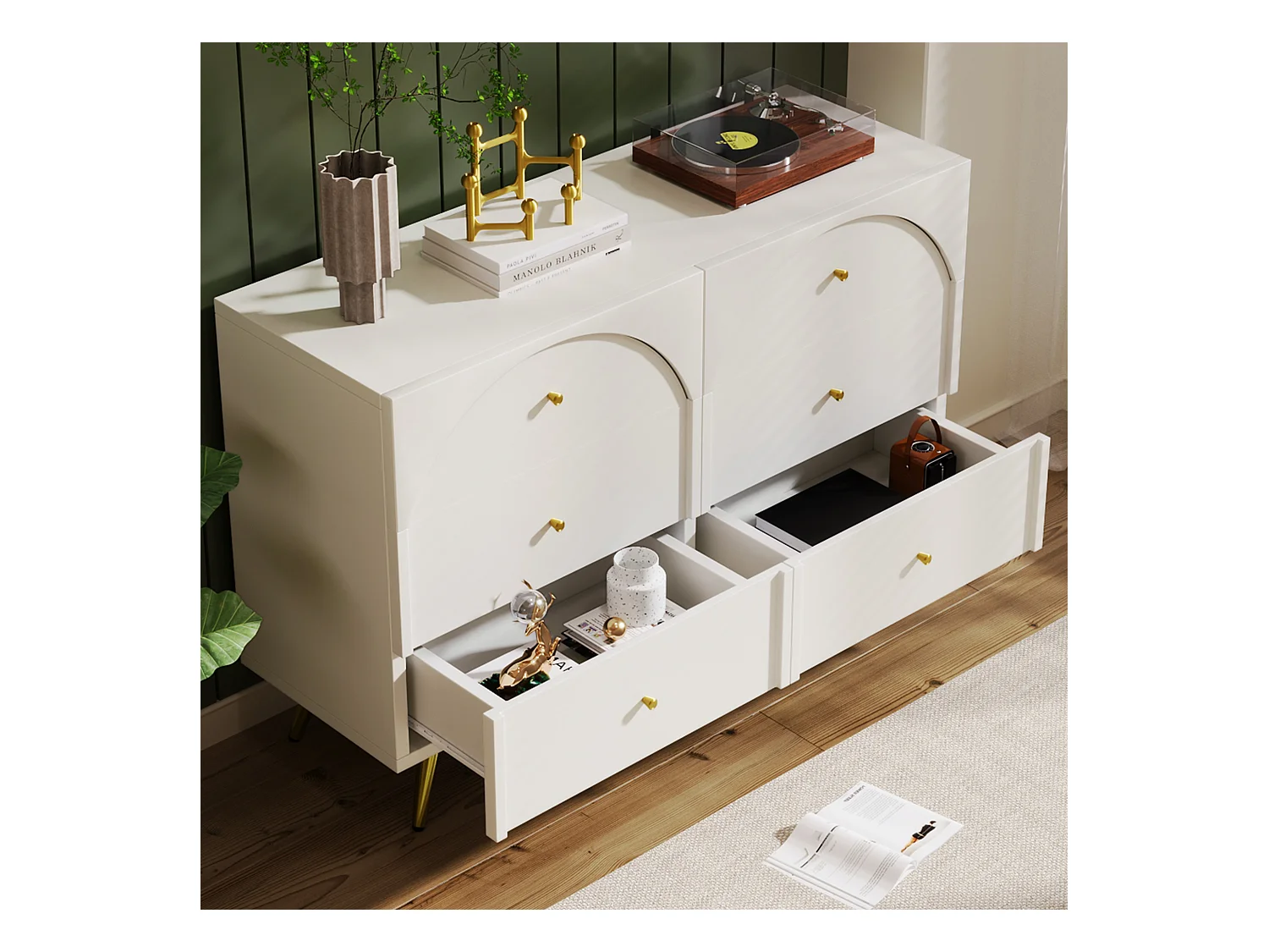 Buffet 120x40x85cm avec 6 tiroirs, pieds et poignées dorées, corps crème