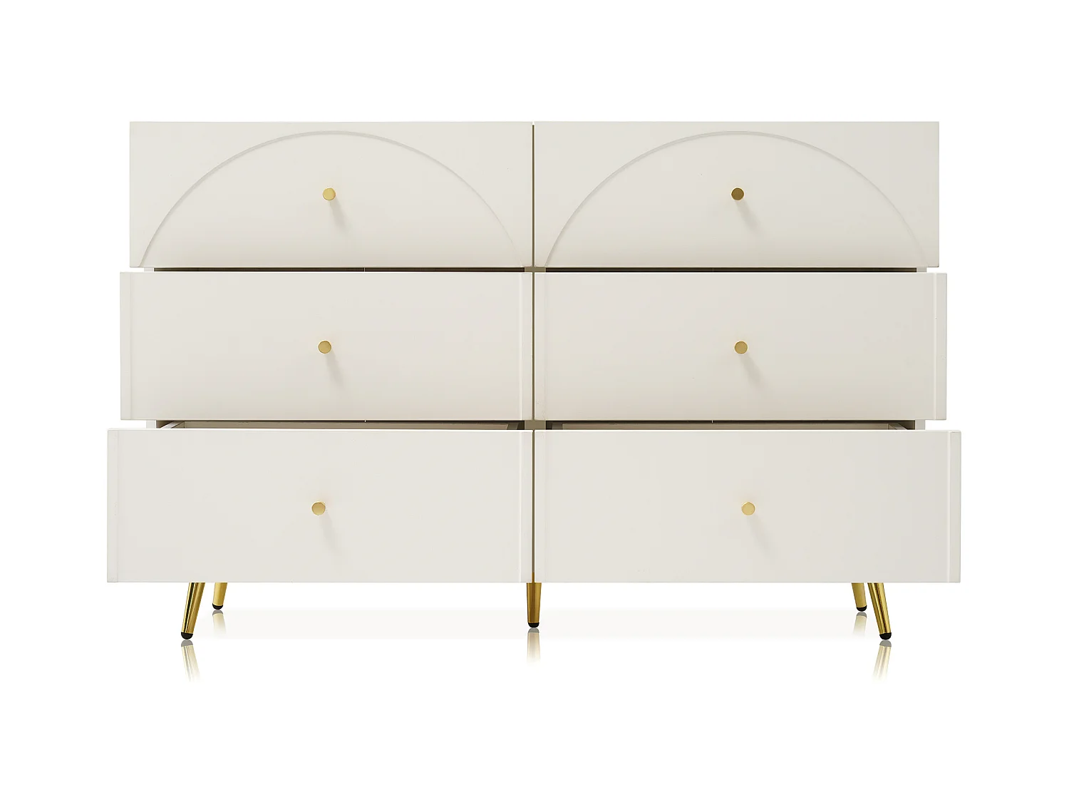 Buffet 120x40x85cm avec 6 tiroirs, pieds et poignées dorées, corps crème