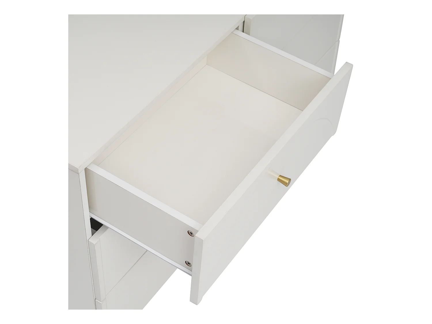 Buffet 120x40x85cm avec 6 tiroirs, pieds et poignées dorées, corps crème