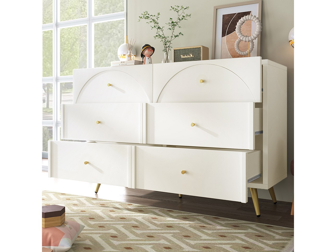 Armoire à Chaussures Blanche 3 Tiroirs KEFSR - Bois, Poignées Dorées, Étagères Réglables, Design Moderne Pour Salon Ou Chambre - 9