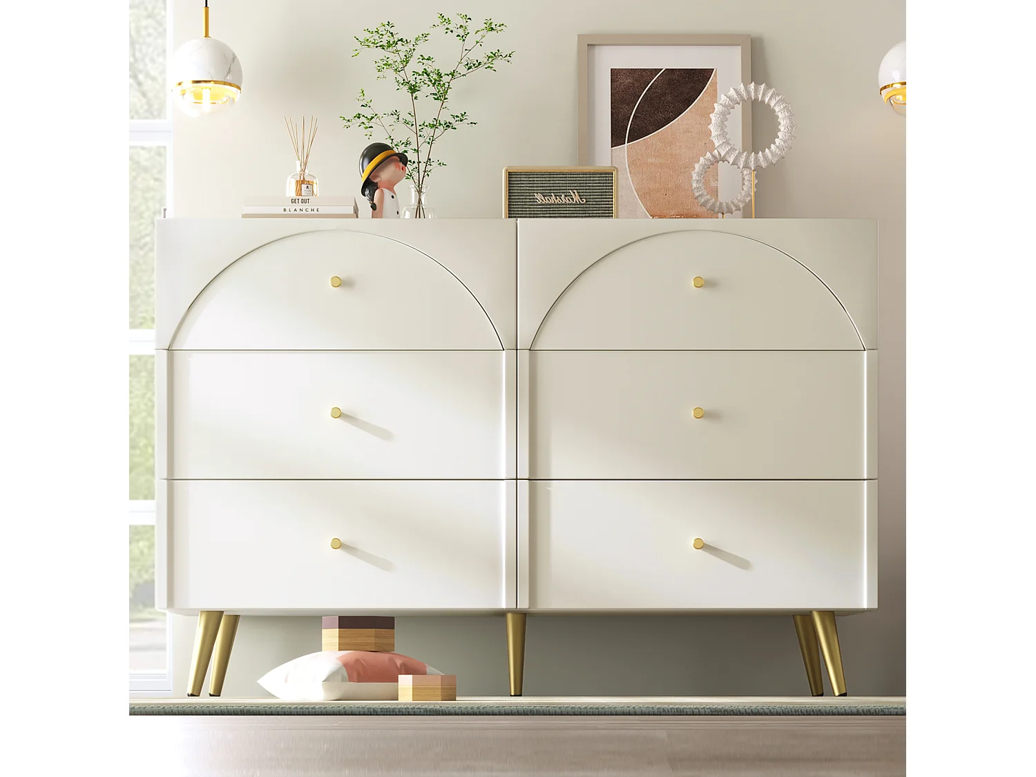 Buffet 120x40x85cm avec 6 tiroirs, pieds et poignées dorées, corps crème