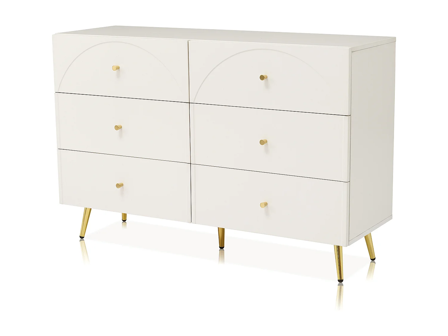 Buffet 120x40x85cm avec 6 tiroirs, pieds et poignées dorées, corps crème