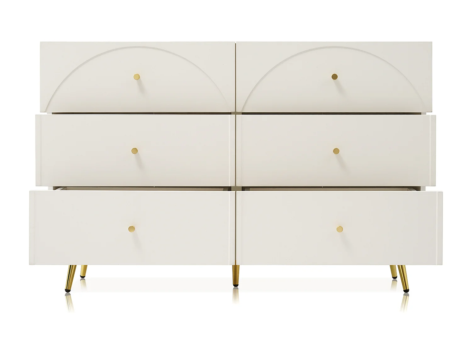 Buffet 120x40x85cm avec 6 tiroirs, pieds et poignées dorées, corps crème